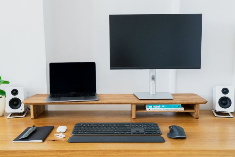 Premium Oak Wooden Monitor Stand: Walnut Elegance