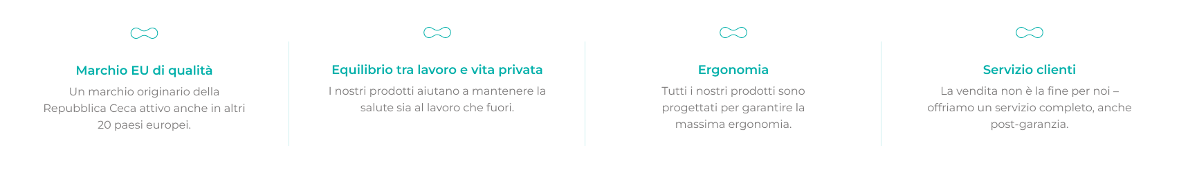 Valori chiave dell'azienda: qualità UE, equilibrio tra vita professionale e vita privata, ergonomia e servizio clienti.