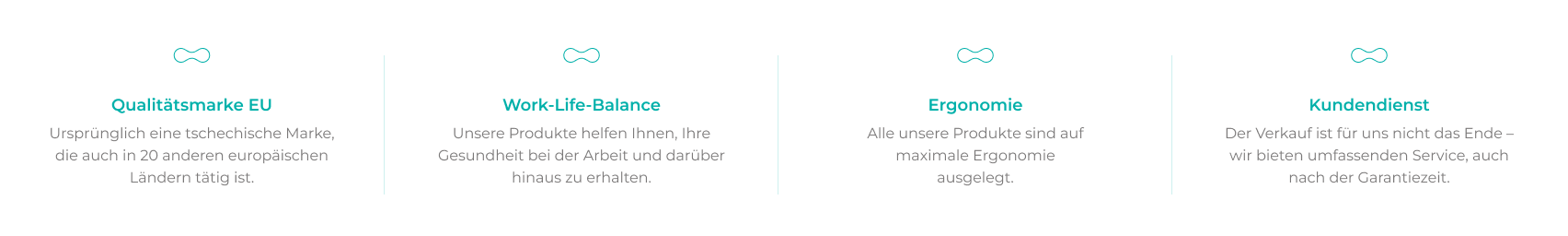 Wichtige Unternehmenswerte: EU-Qualität, Work-Life-Balance, Ergonomie und Kundenservice.