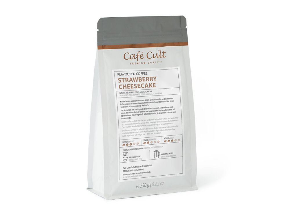 Fotografie produktu: Café Cult ochucená zrnková káva "Jahodový tvarohový koláč" Cheescake 250g